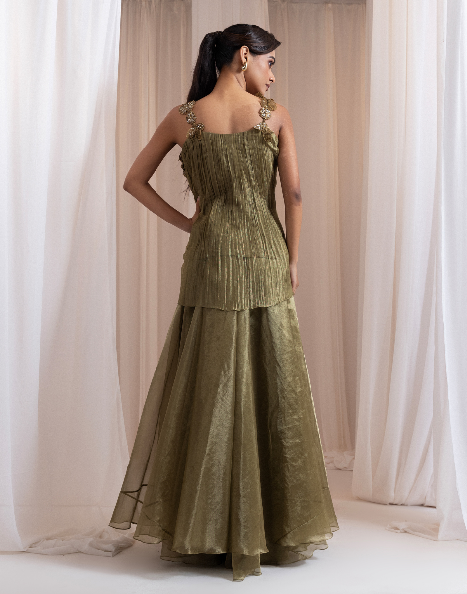 Antique Olive Green Two-Piece Set with Pleated Peplum Top and Flared Pants Olive / S / 7 Days Antique Olive Green Two-Piece Set with Pleated Peplum Top and Flared Pants Olive / S / 7 Days