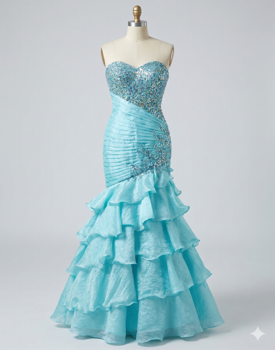 Aqua Blue Strapless Mermaid Gown with Sequins & Tiered Ruffle Skirt El