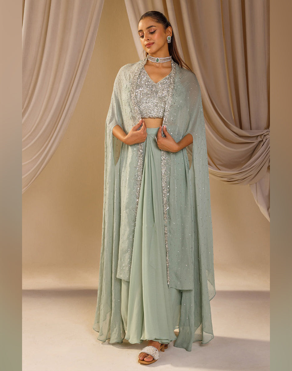Artisanal Handwork Jacket Set in Bluish Grey Georgette & Silk Luxe Ethnic Fashion - Buy