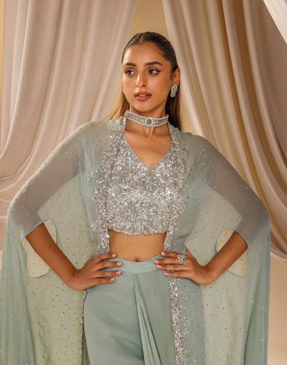 Artisanal Handwork Jacket Set in Bluish Grey Georgette & Silk Luxe Ethnic Fashion - Buy