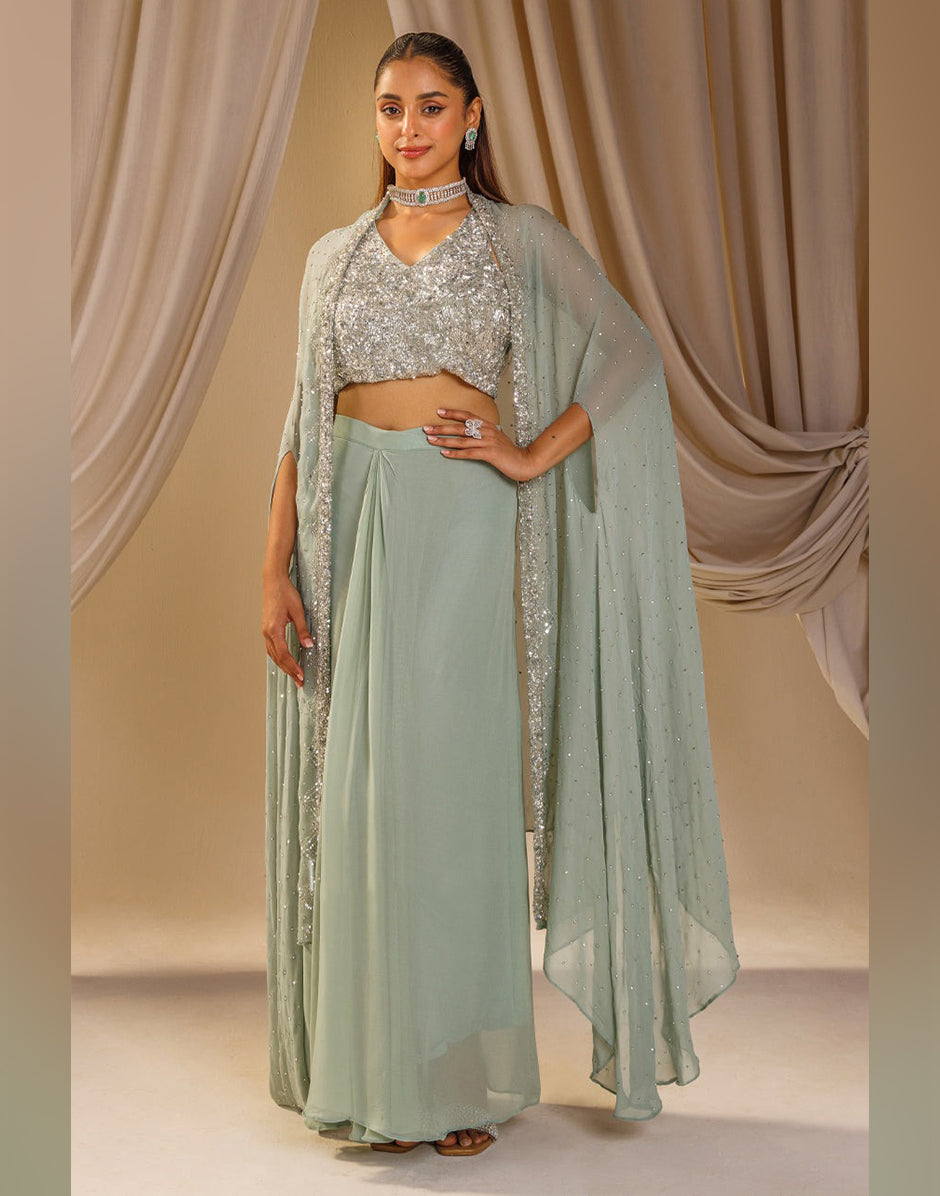 Artisanal Handwork Jacket Set in Bluish Grey Georgette & Silk Luxe Ethnic Fashion - Buy_2