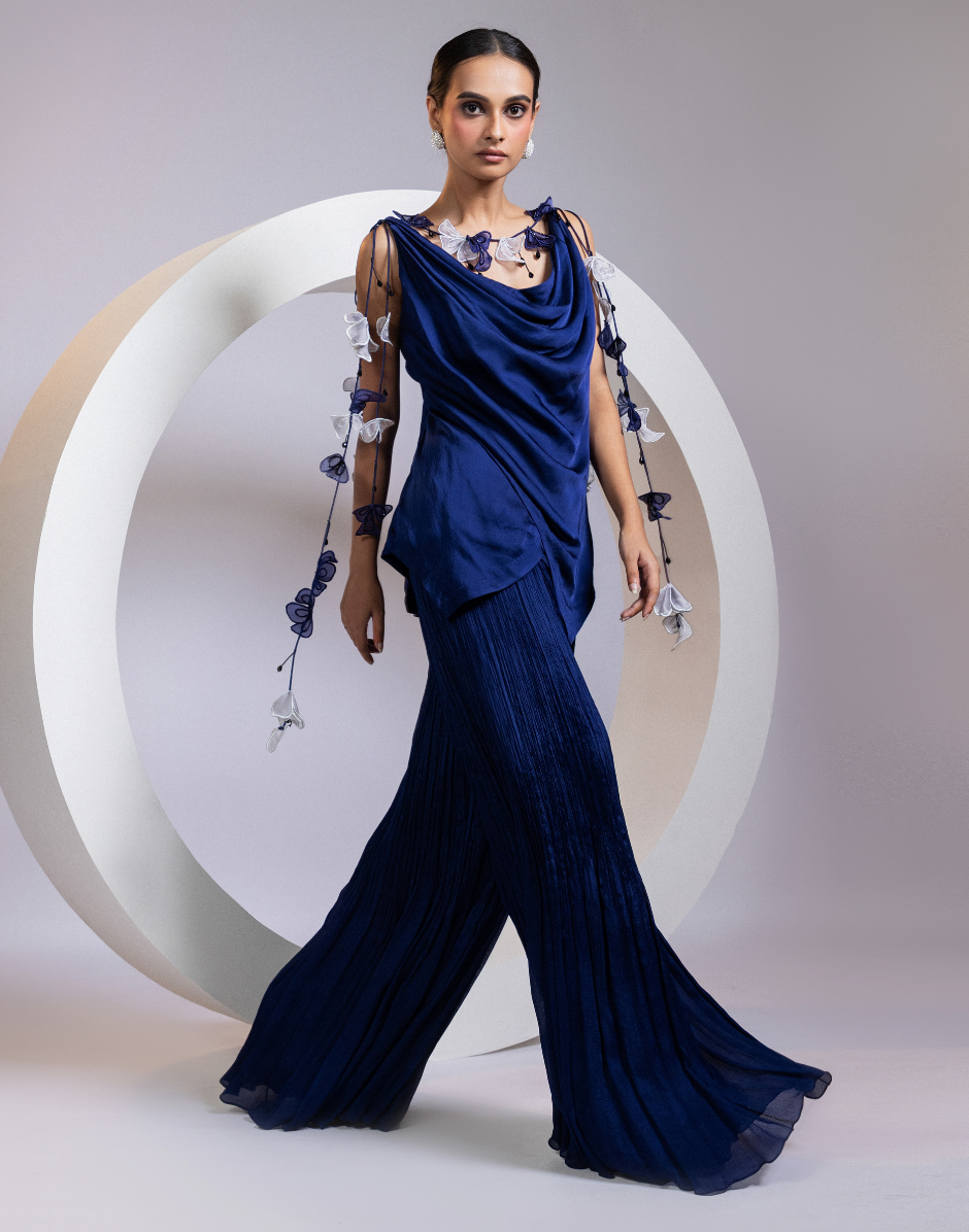 Asymmetrical Navy Two-Piece Set Cowl Neck Top & Ruched Palazzo Pants