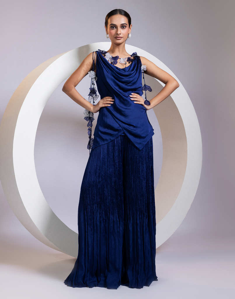 Asymmetrical Navy Two-Piece Set Cowl Neck Top & Ruched Palazzo Pants Navy / L / 7 Days