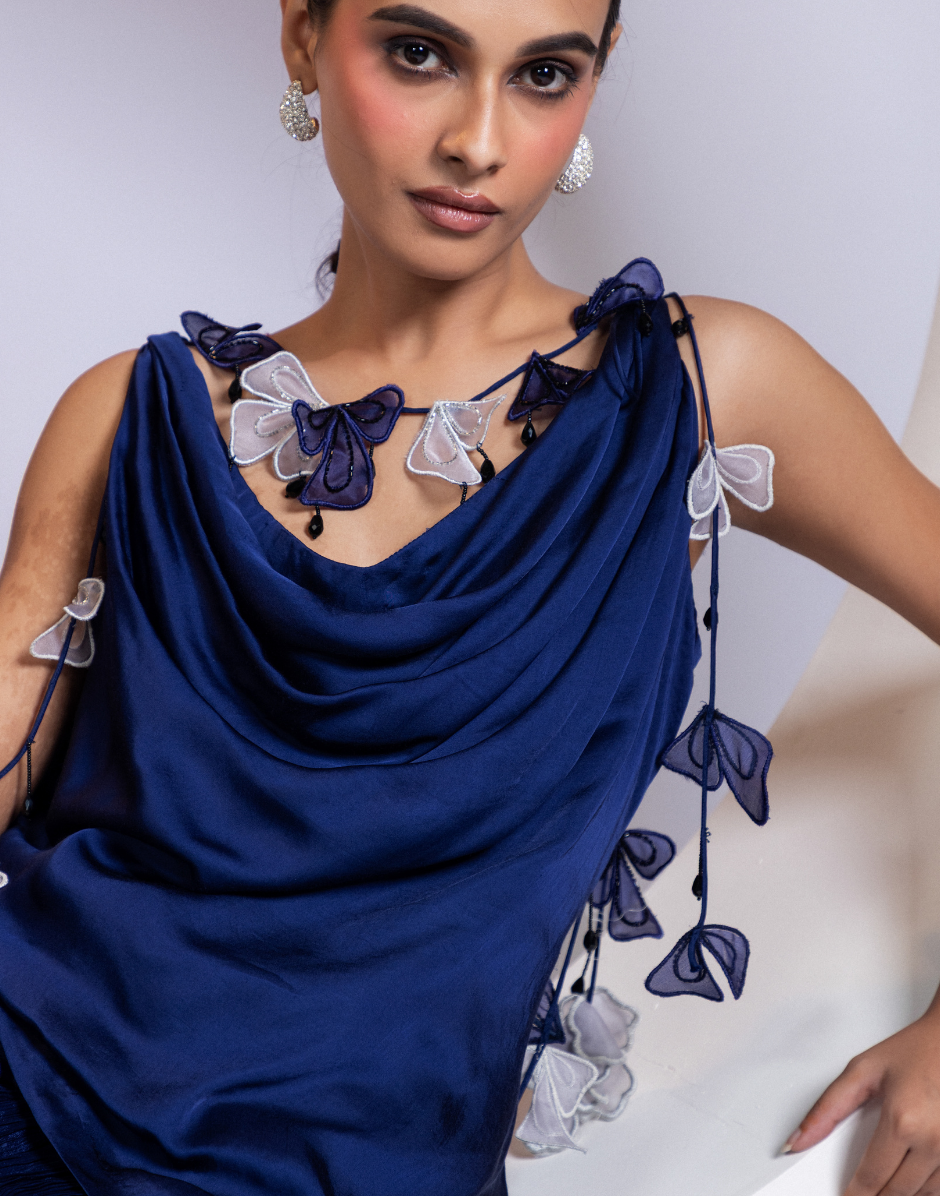 Asymmetrical Navy Two-Piece Set Cowl Neck Top & Ruched Palazzo Pants_2