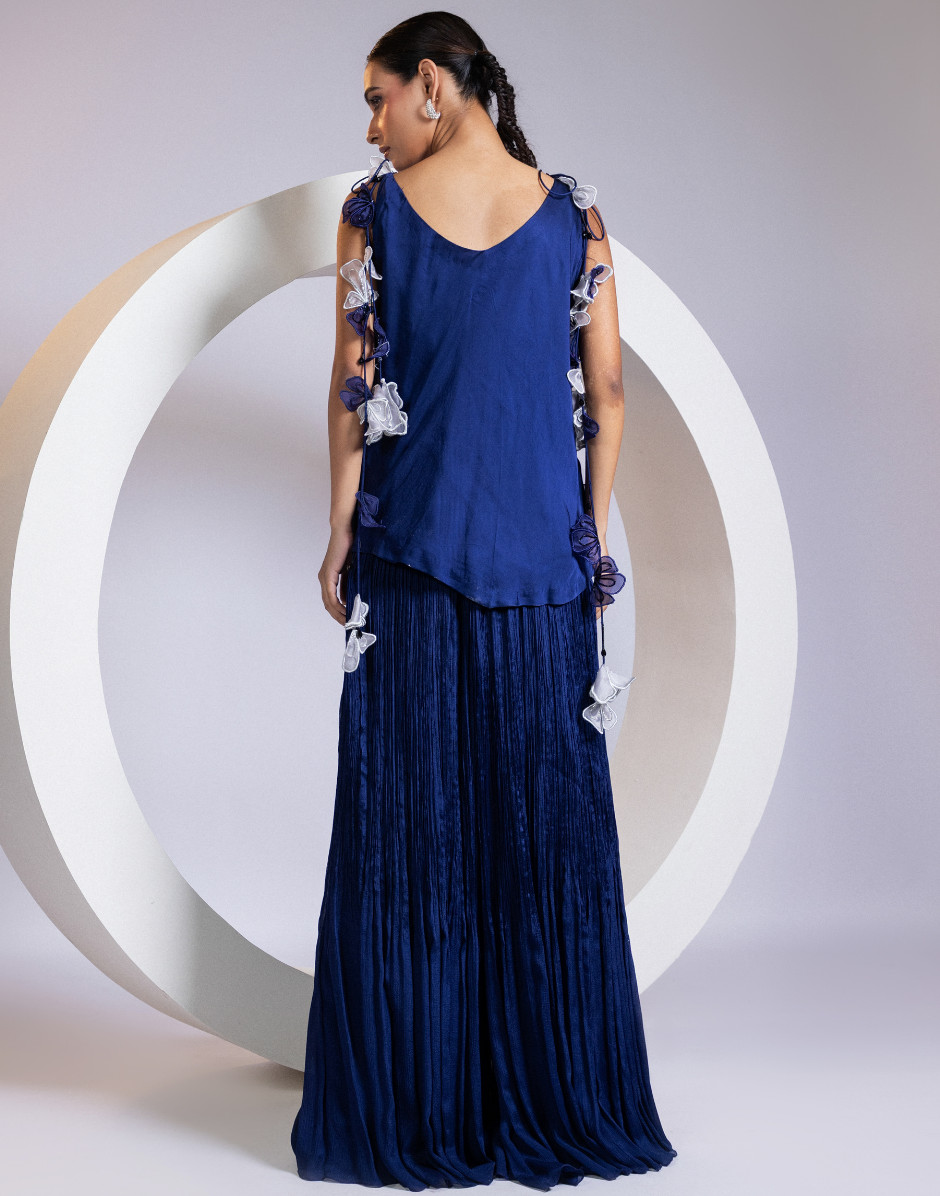 Asymmetrical Navy Two-Piece Set Cowl Neck Top & Ruched Palazzo Pants_3