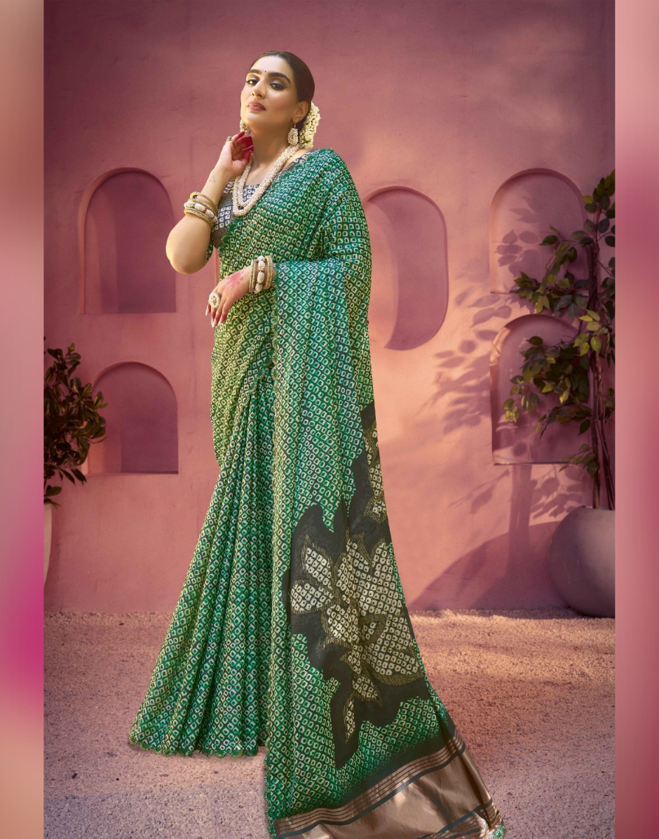 Authentic Gajji Satin Silk Saree in Green Traditional Print with Detailed Handwork - Buy