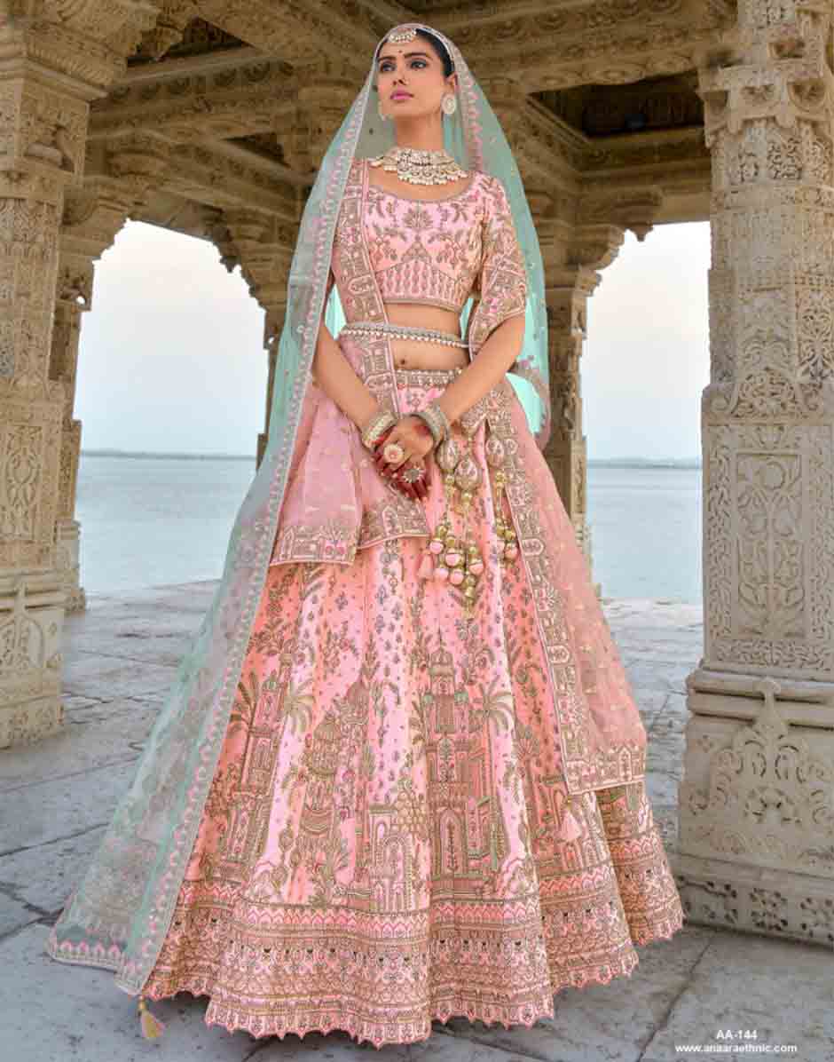 Authentic Light Pink Heavy Work Khatli Embroidery Silk Lehenga