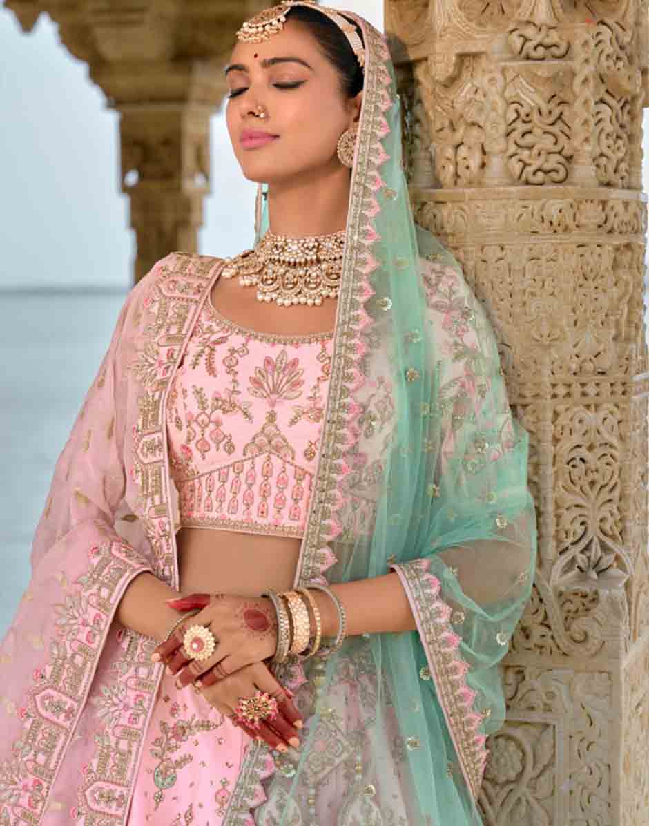 Authentic Light Pink Heavy Work Khatli Embroidery Silk Lehenga