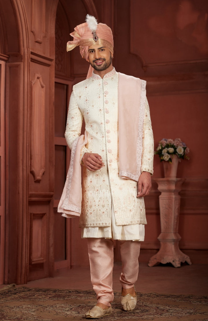 Awesome Charm of a Cream Sherwani  Peach Turban With a Peach Dupatta  - Rent