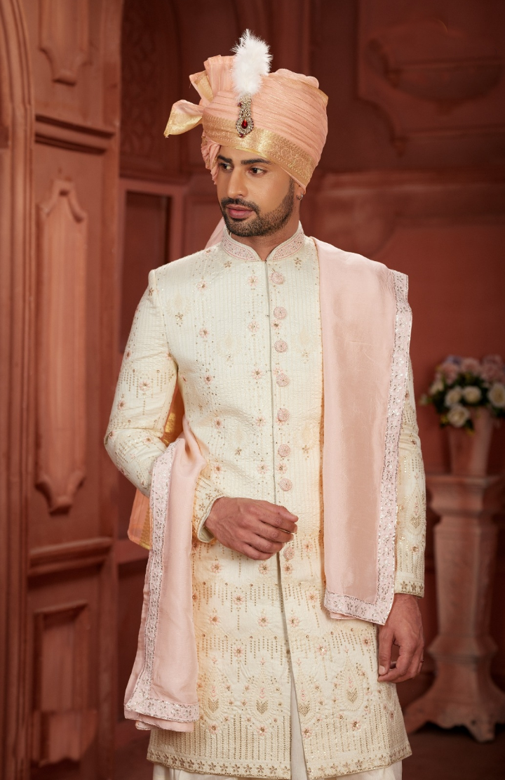 Awesome Charm of a Cream Sherwani  Peach Turban With a Peach Dupatta  - Rent