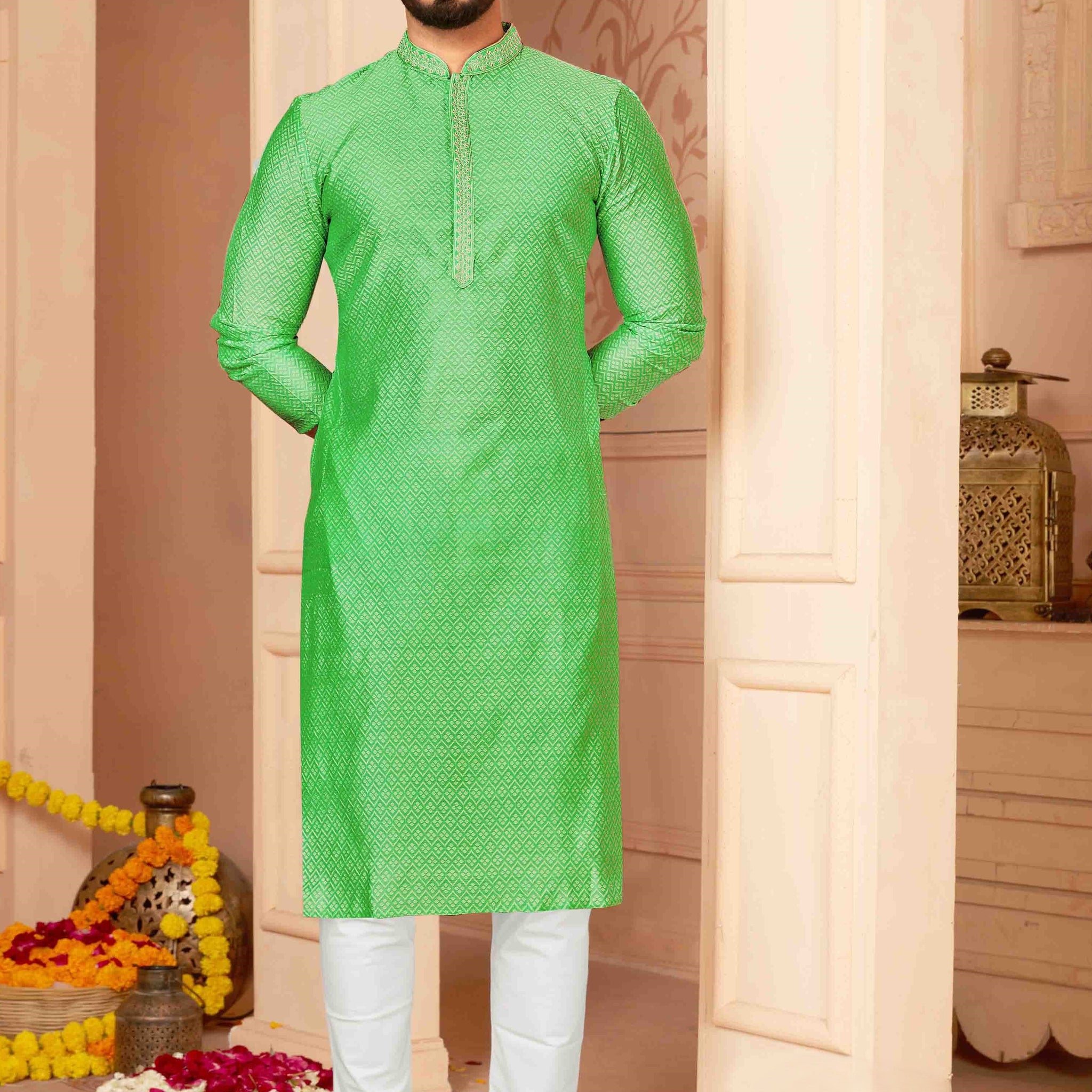 Men Green Poly Jacquard Self Design Kurta Pyjama