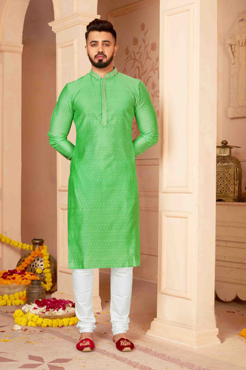 Men Green Poly Jacquard Self Design Kurta Pyjama