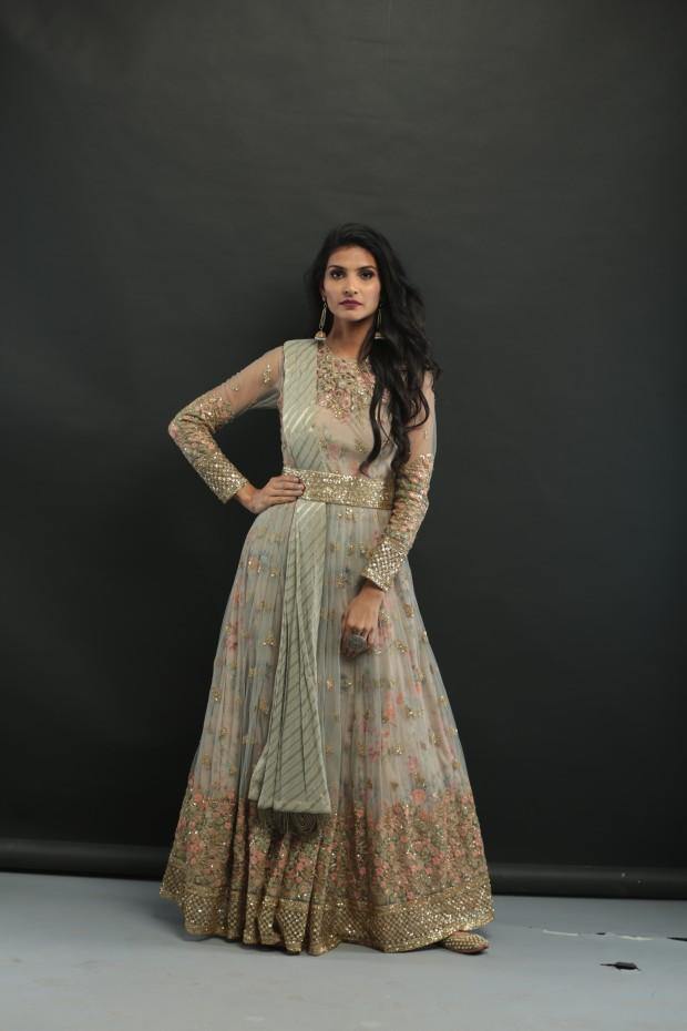 Grey Embellished Print Belt Anarkali Gown-Women-Glamourental