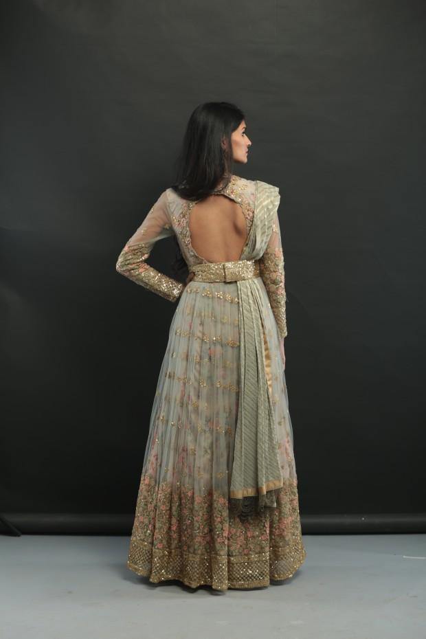 Grey Embellished Print Belt Anarkali Gown-Women-Glamourental