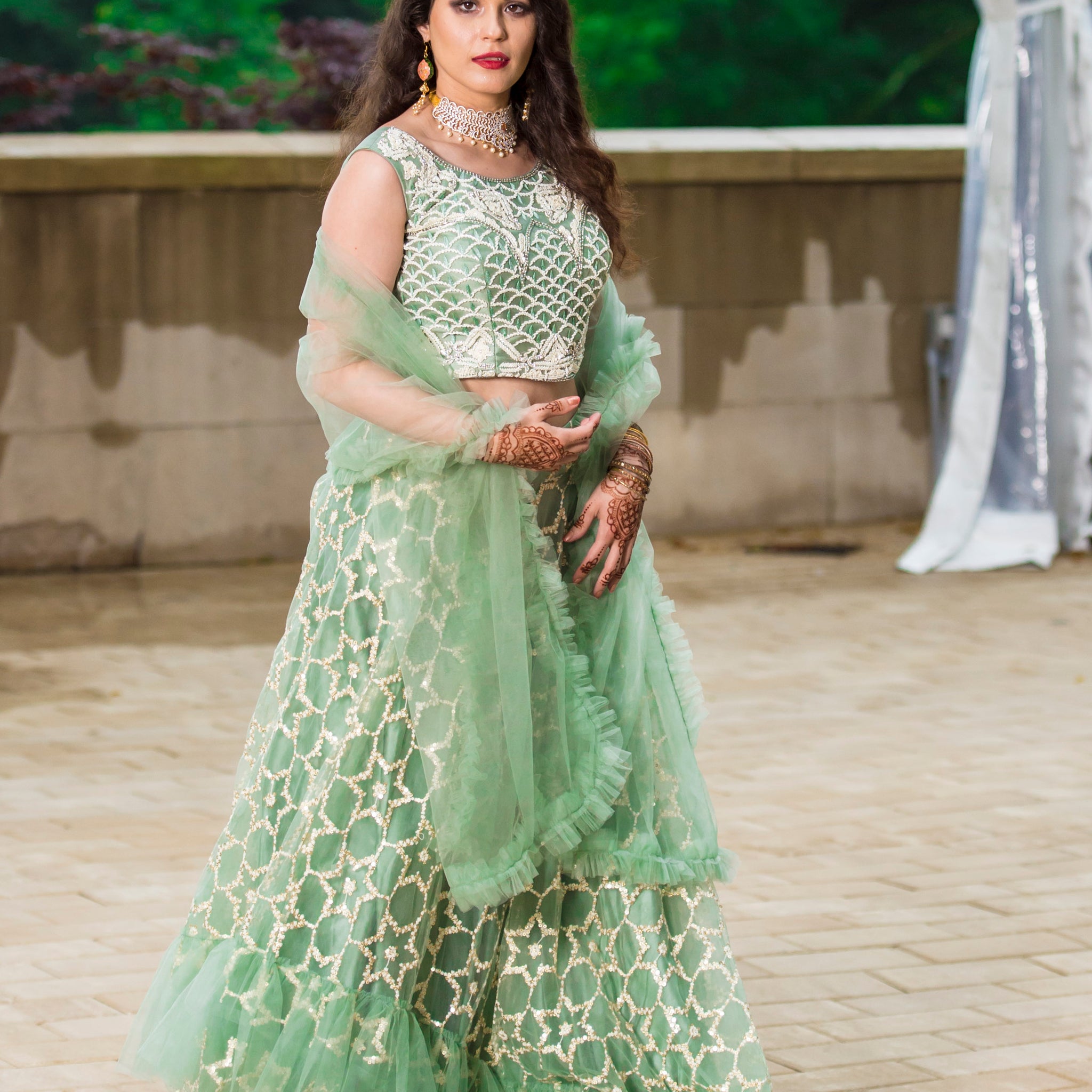 Serene Sage  Light Green Net  Navratro  Lehenga Choli Ensemble - Rent