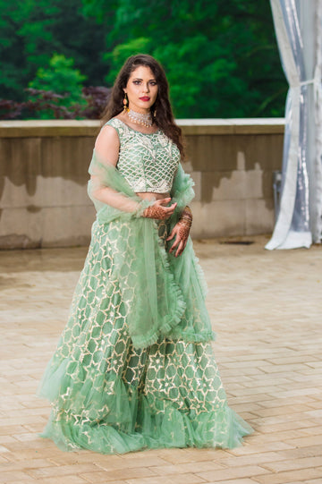 Serene Sage  Light Green Net Lehenga Choli Ensemble - Clearance