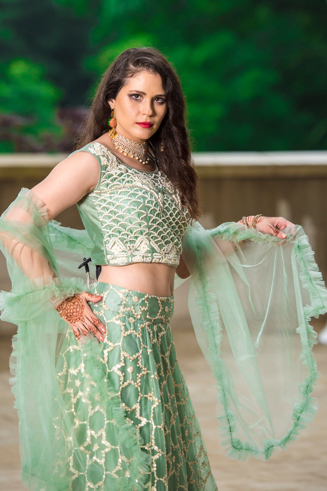 Serene Sage  Light Green Net  Navratro  Lehenga Choli Ensemble - Rent