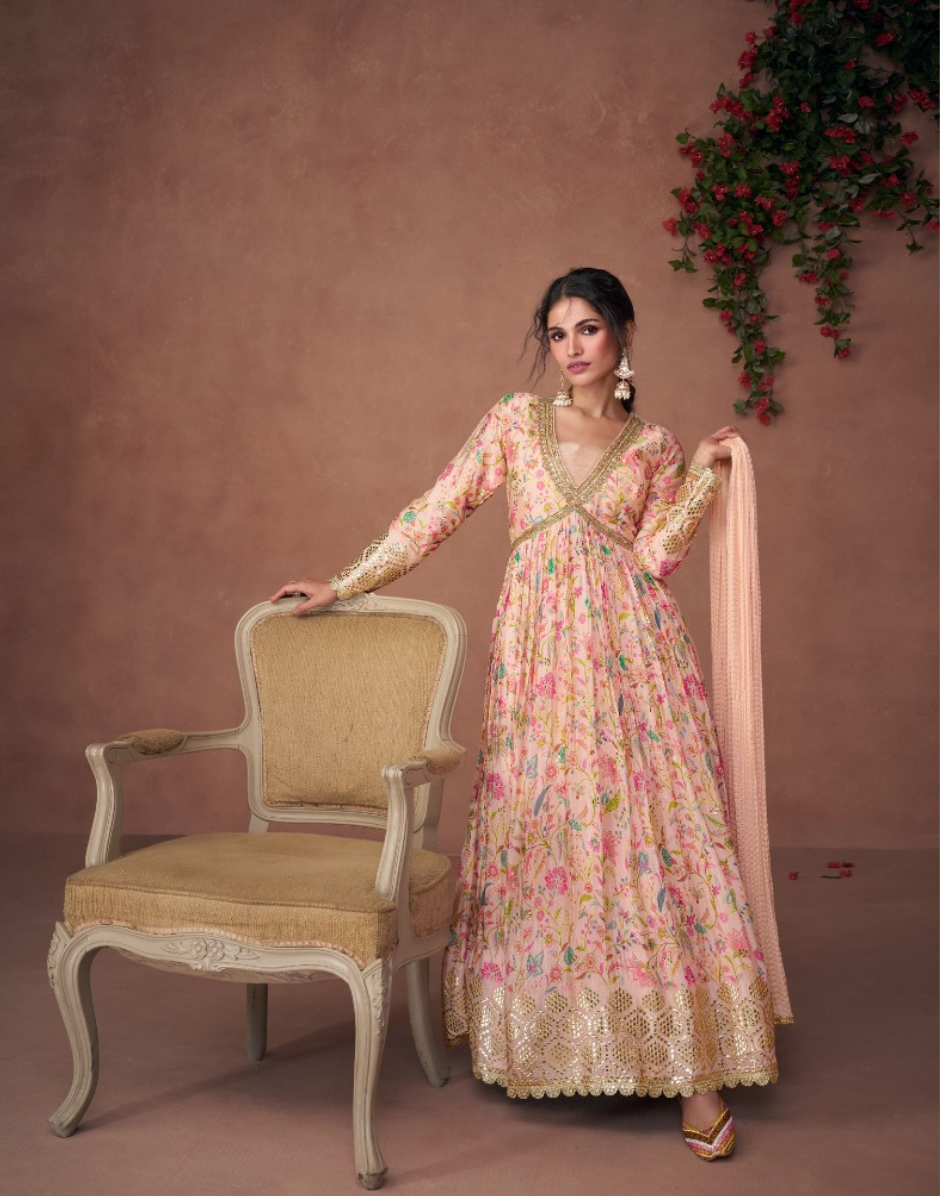 open lace back dress Baby Pink Floral Print Pure Organza Silk Dupatta Elegant Nazneen Gown Set for A Timeless Look Baby Pink / XXL / 15 Days