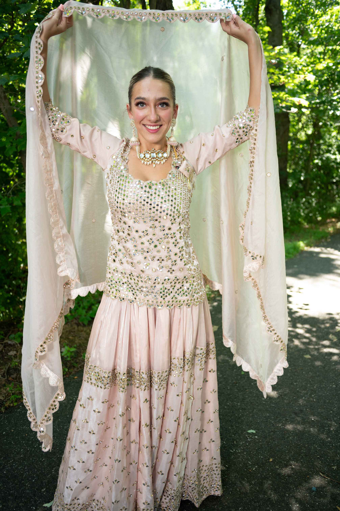 Baby Pink Heavy Mirror Work Sharara- Rent