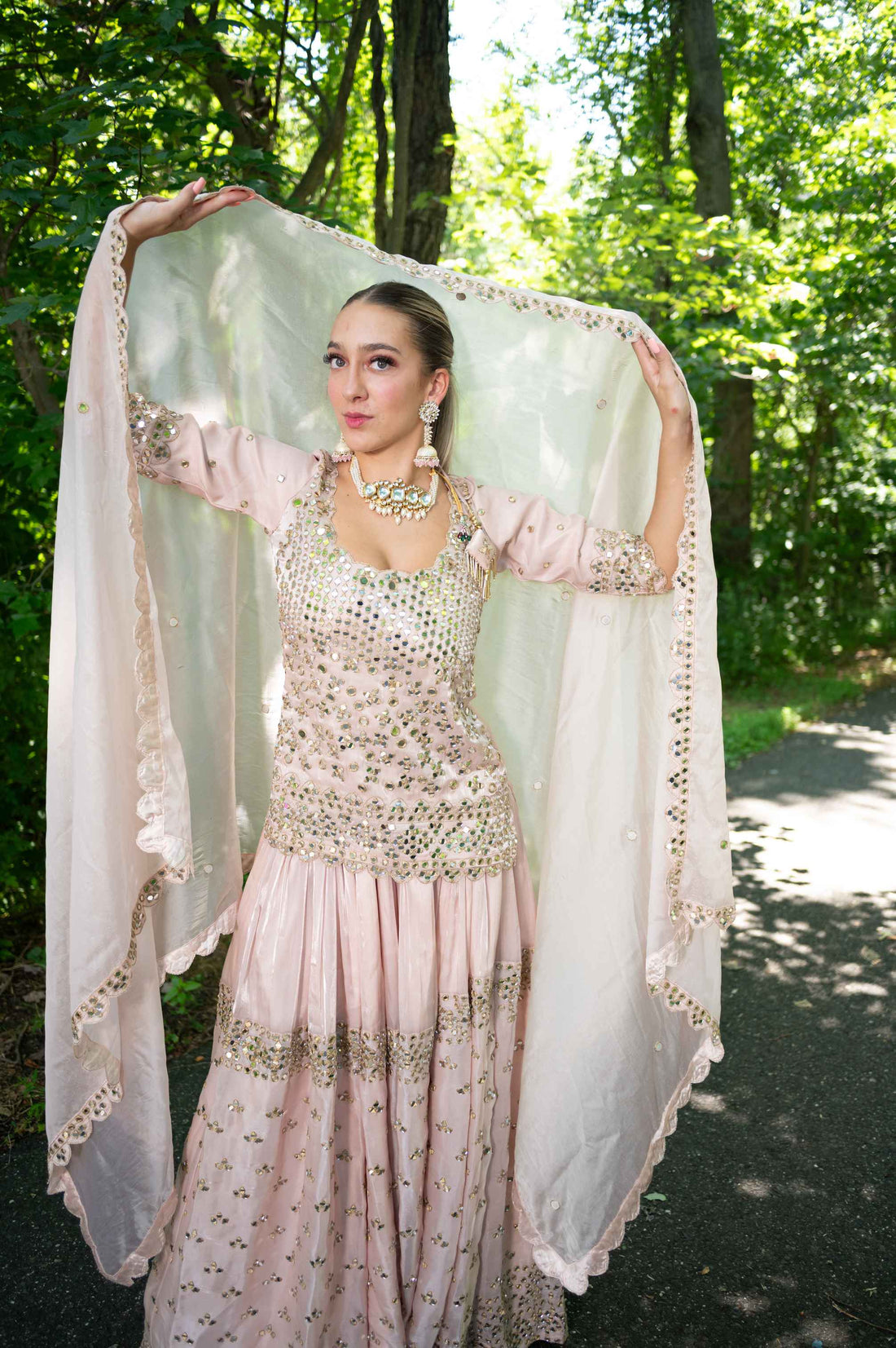 Baby Pink Heavy Mirror Work Sharara- Rent