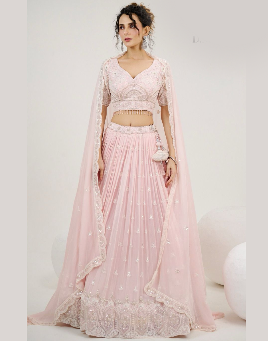 Baby Pink Lehenga with Georgette Jacquard Embroidered Blouse & Handwork Dupatta Set