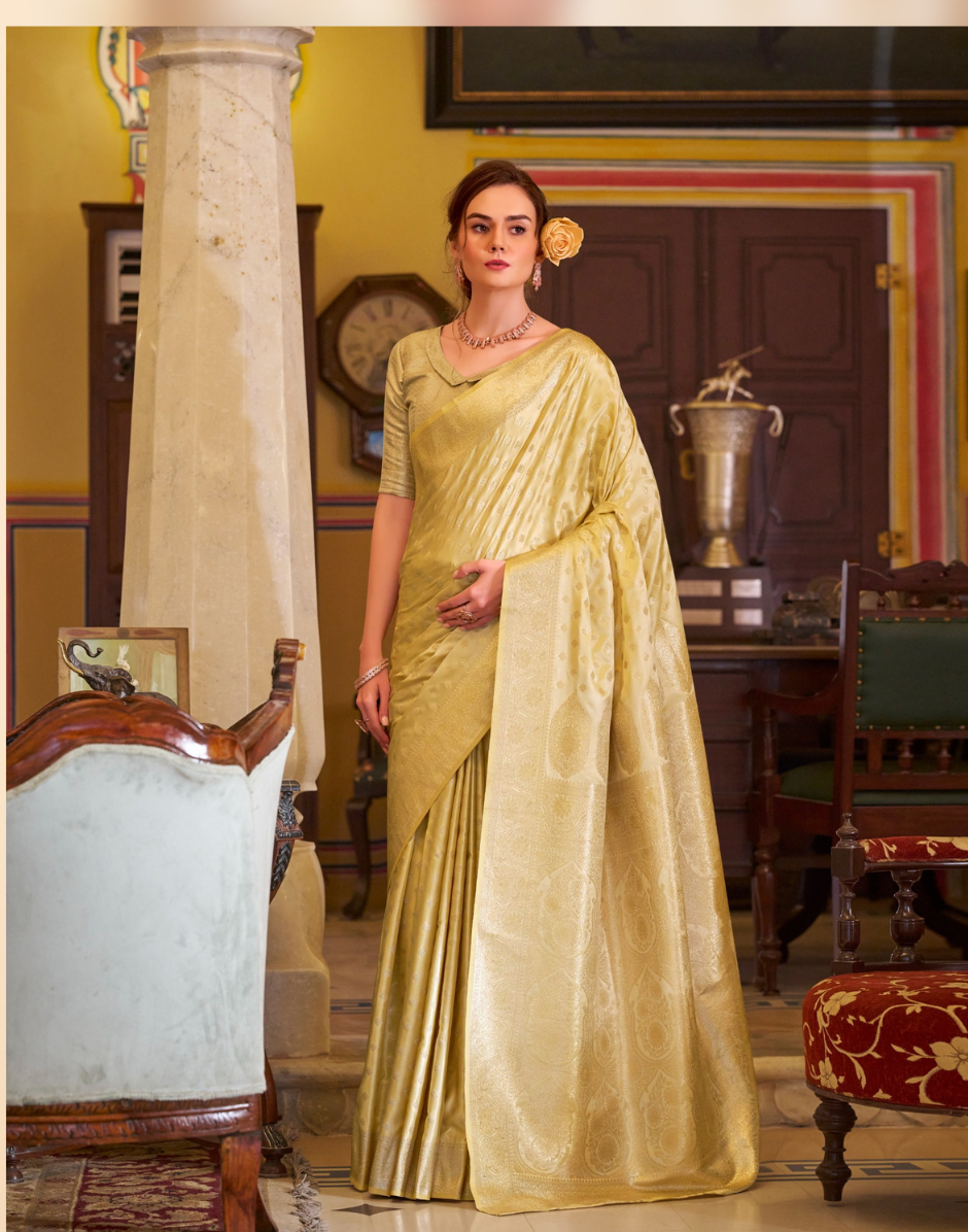 Banarasi Satin Silk Saree in Yellow Perfect Ethnic Wear Choice - Buy