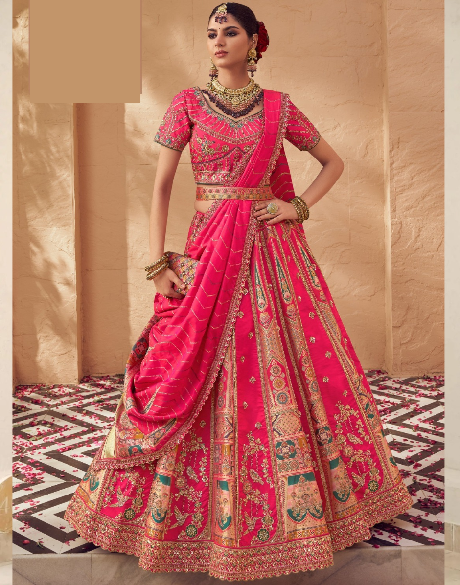 Banarasi Silk Pink Embroidered Lehenga Set Bridal & Festive Outfit with Dupatta - Buy