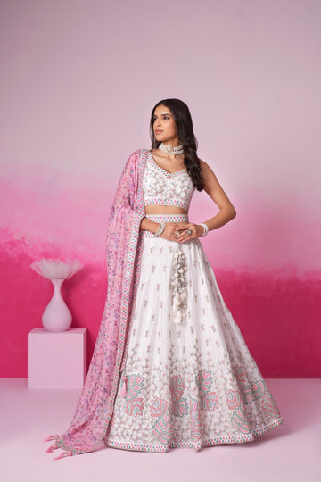 Beautiful Cream Net Cutdana, Sequins and Zarkan  Lehenga choli & Dupatta - Rent