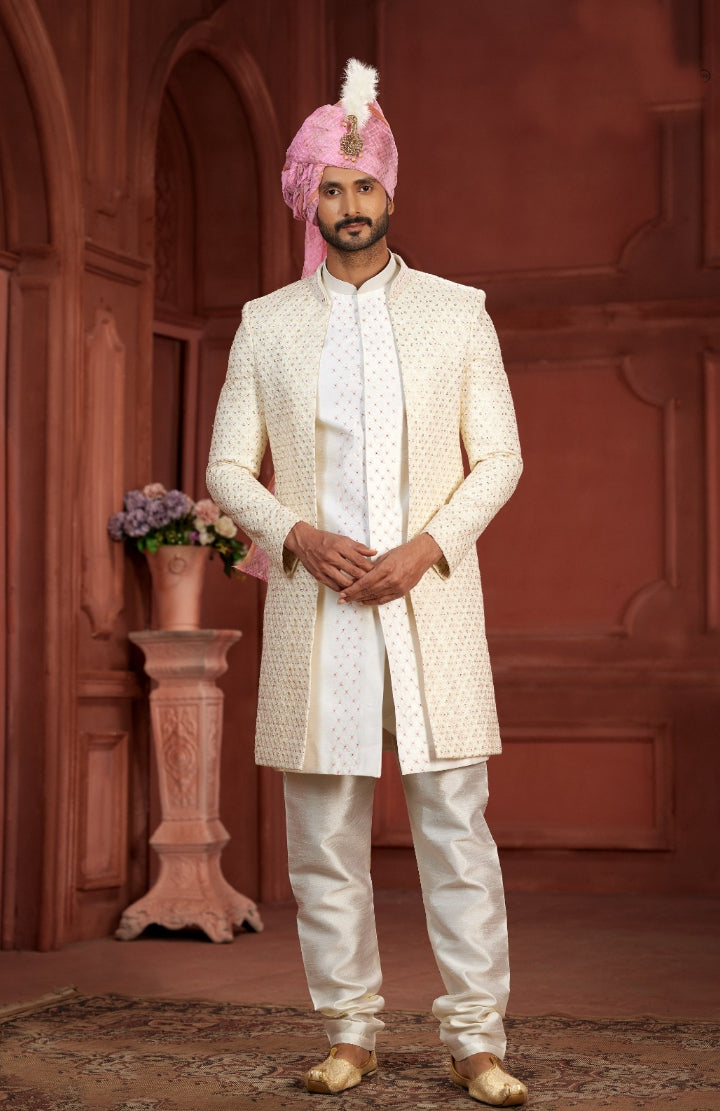 Beautiful  Cream Sherwani Pink Turban With a  White Dupatta - Rent