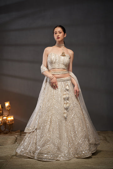 Beauty Cream Net Cutdana Sequins and Zarkan Lehenga choli & Dupatta - Rent