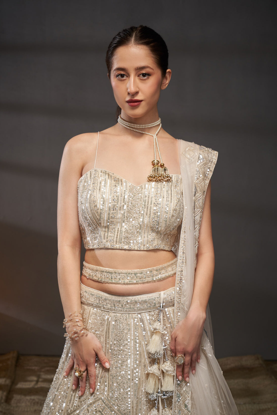 Beauty Cream Net Cutdana Sequins and Zarkan Lehenga choli & Dupatta - Rent