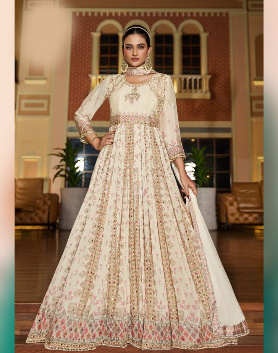 Beige Chinon Chiffon Handwork Gown Kurti Set with Dupatta Festive & Wedding Ready - Buy