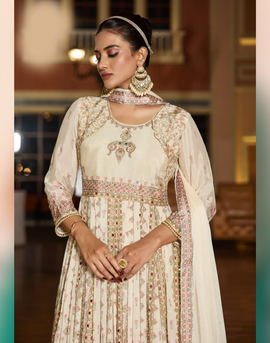 Beige Chinon Chiffon Handwork Gown Kurti Set with Dupatta Festive & Wedding Ready - Buy_2