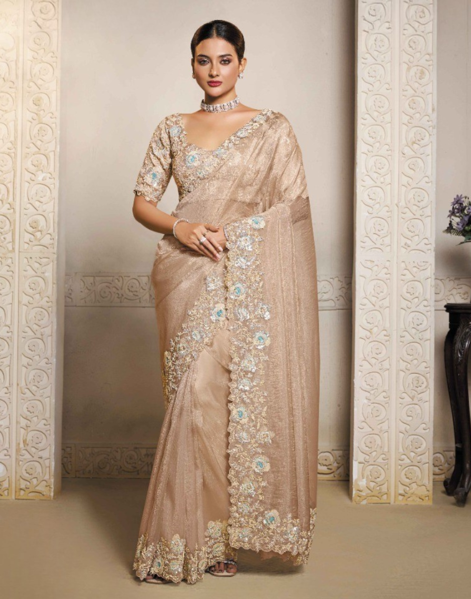 Beige Embroidered Organza Satin Saree with Dual Sequins & Stone Handwork Elegant Tissue Silk Blouse - Buy