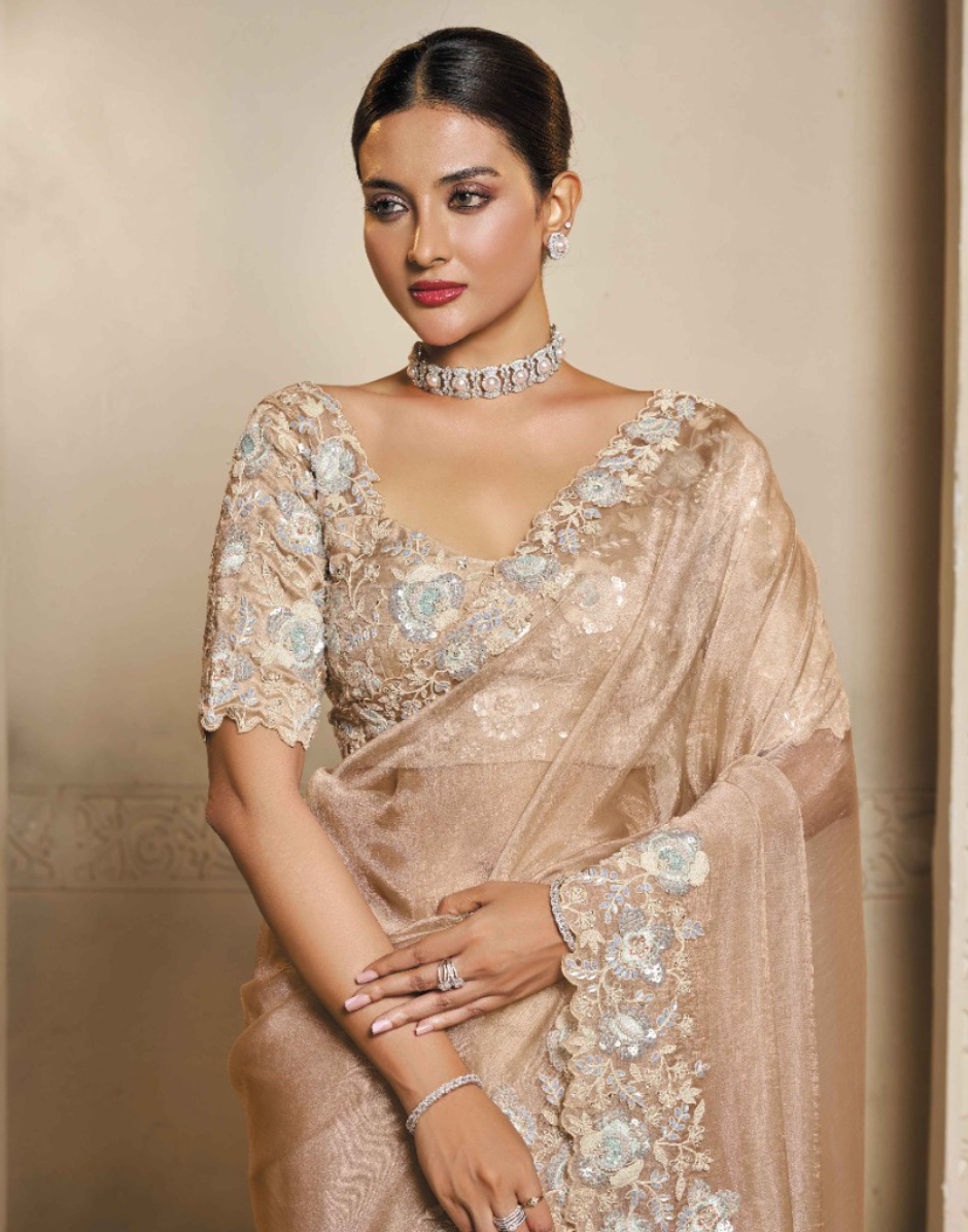 Beige Embroidered Organza Satin Saree with Dual Sequins & Stone Handwork Elegant Tissue Silk Blouse - Buy_1
