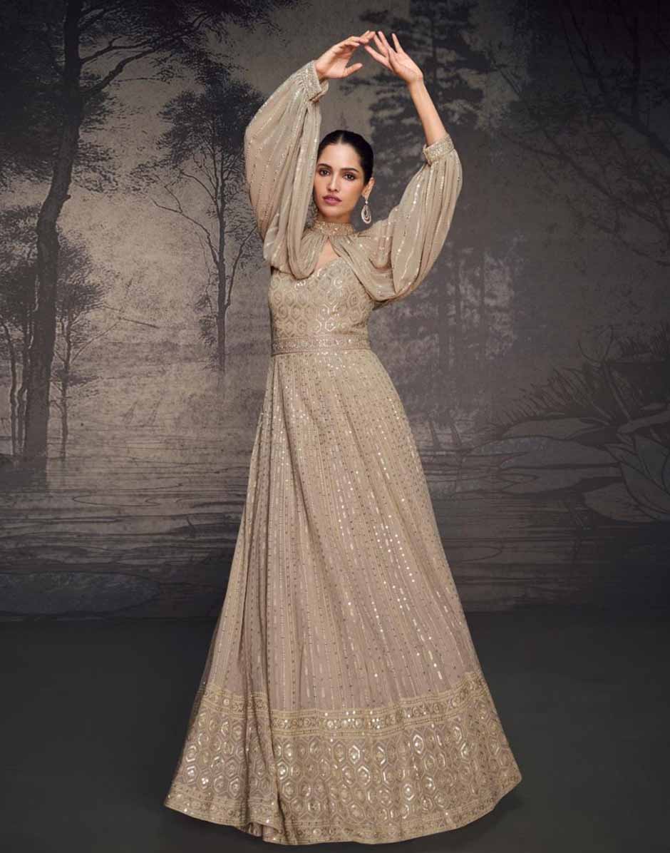 Beige Embroidered Sequins Georgette Gown_2