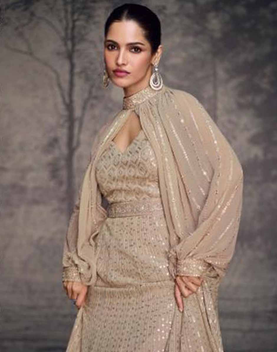 Beige Embroidered Sequins Georgette Gown_4