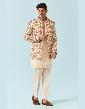 Beige Floral Hand Painted Jacket Set for Men Timeless, Artistic Style with a Sophisticated Touch