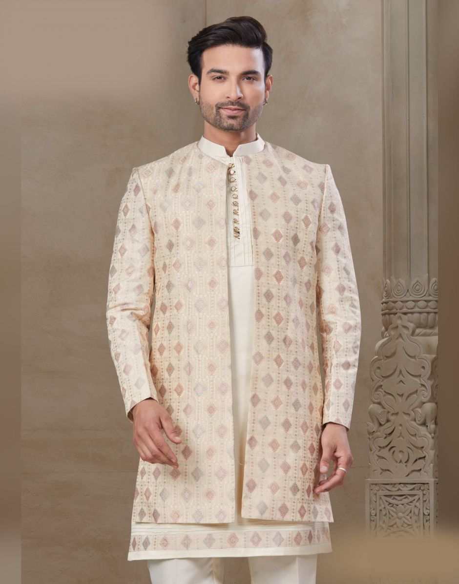 Beige Floral Print Jacquard Silk Kurta Set for Men Kurta, Pants & Jacket_1