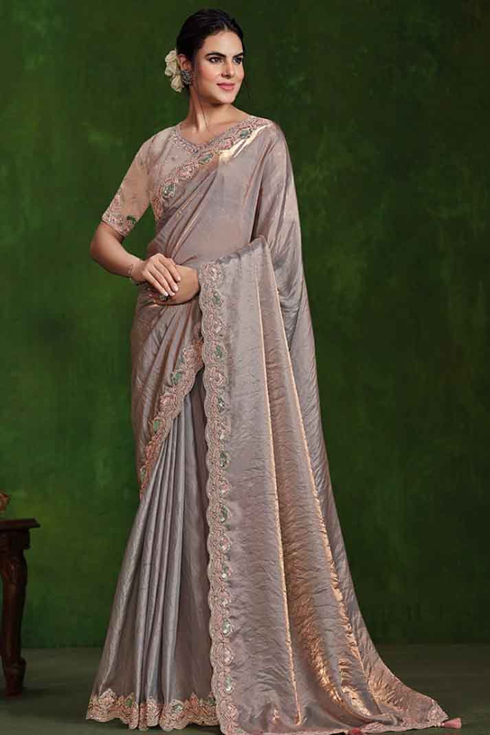 Beige Grey Dual Tone Simmer Satin Silk Dual Sequins with Diamond Work Designer Saree