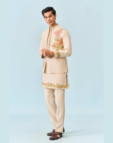 Beige Hand Painted Jacket Set for Men Elegant, Artistic & Unique Fashion