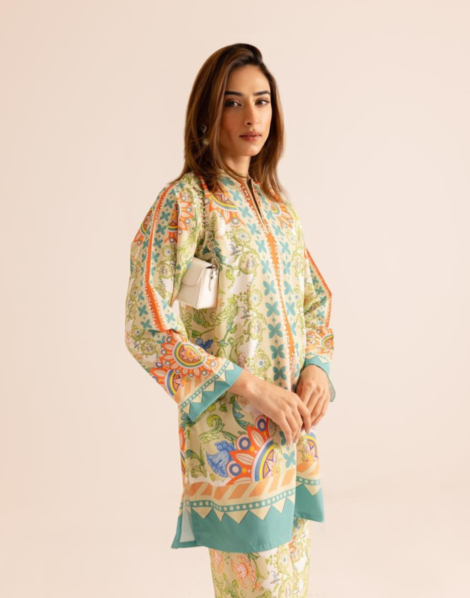 Beige Satin Crafted Top with Flared Bottoms Elegant Co-Ord Set for Effortless Chic - Buy_1