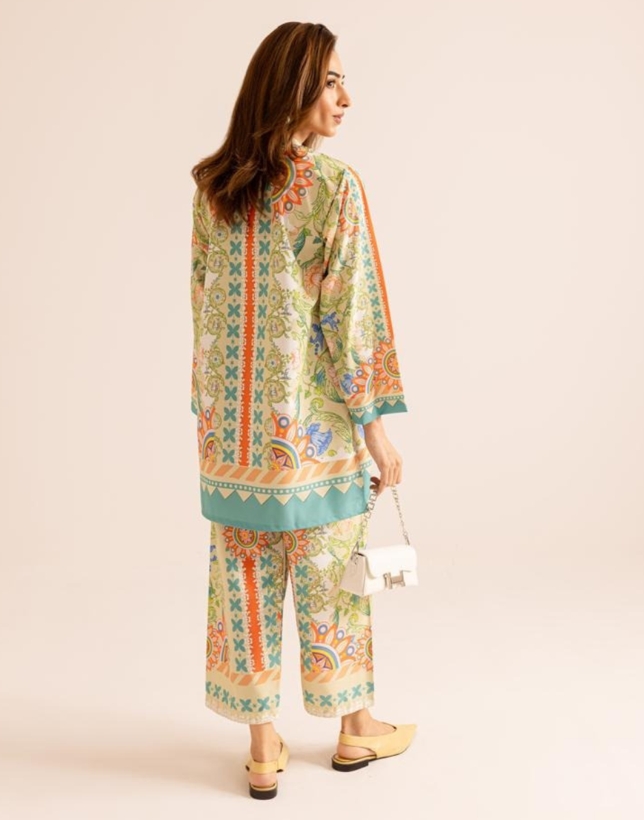 Beige Satin Crafted Top with Flared Bottoms Elegant Co-Ord Set for Effortless Chic - Buy_2