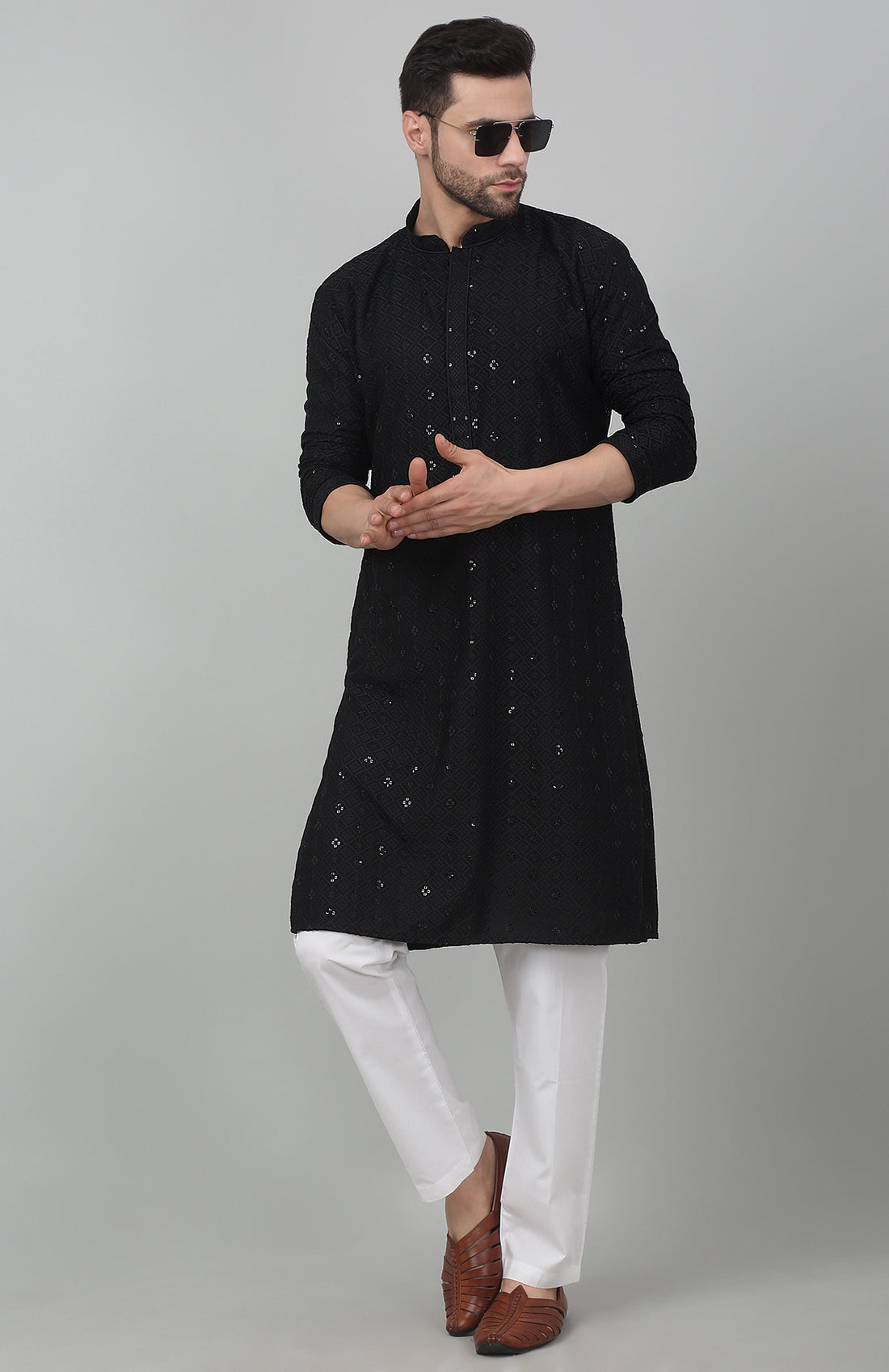 Black Cotton Embroidered Kurta & Pant Set - Rent