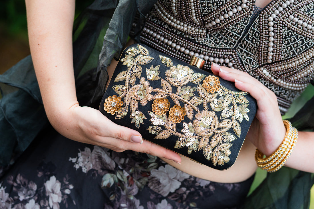 Black Dabka Leaf Hand embroidered Clutch - Rent