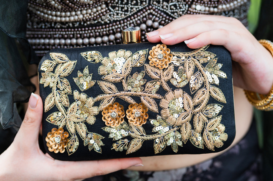 Black Dabka Leaf Hand embroidered Clutch - Rent