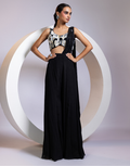 Black Designer Co-ord Set with Gold and White Sequin Embroidery, Flared Pants & Crystal-Pleated Drape