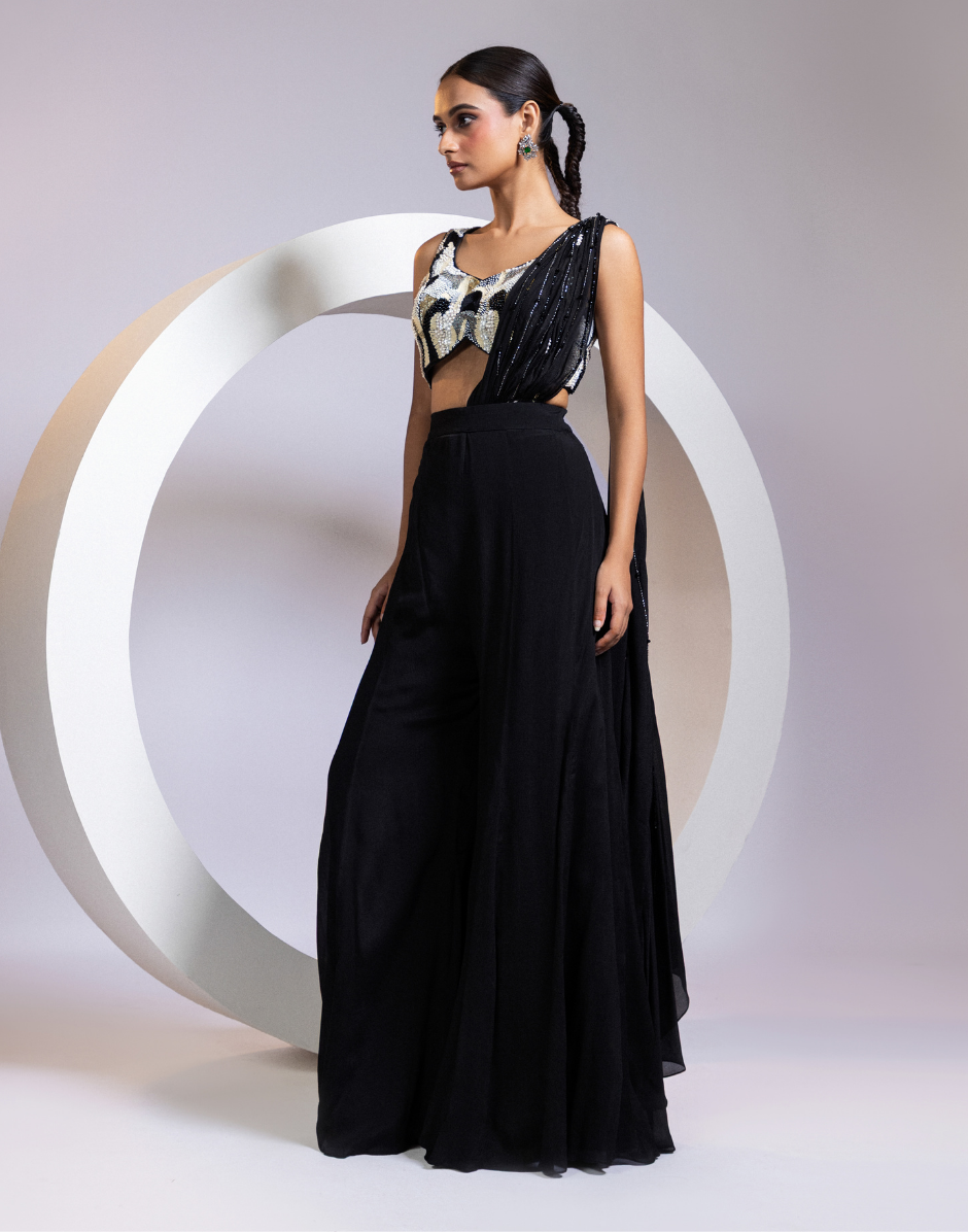 Black Designer Co-ord Set with Gold and White Sequin Embroidery, Flared Pants & Crystal-Pleated Drape Black / L / 15 Days Black Designer Co-ord Set with Gold and White Sequin Embroidery, Flared Pants & Crystal-Pleated Drape Black / L / 15 Days