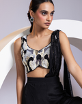 Black Designer Co-ord Set with Gold and White Sequin Embroidery, Flared Pants & Crystal-Pleated Drape_2