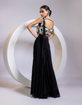 Black Designer Co-ord Set with Gold and White Sequin Embroidery, Flared Pants & Crystal-Pleated Drape_3